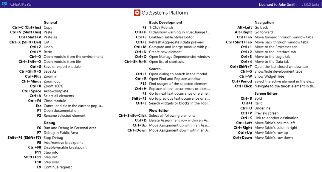 Cheat sheet for OutSystems hotkeys and shortcuts - CheatKeys