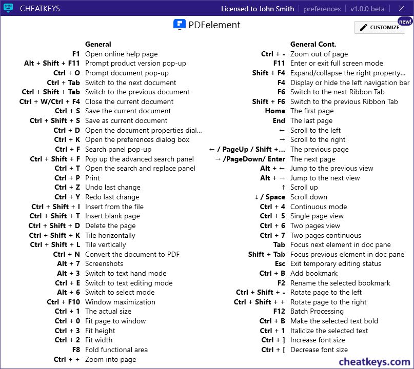 Cheat sheet for PDFelement hotkeys and shortcuts - CheatKeys