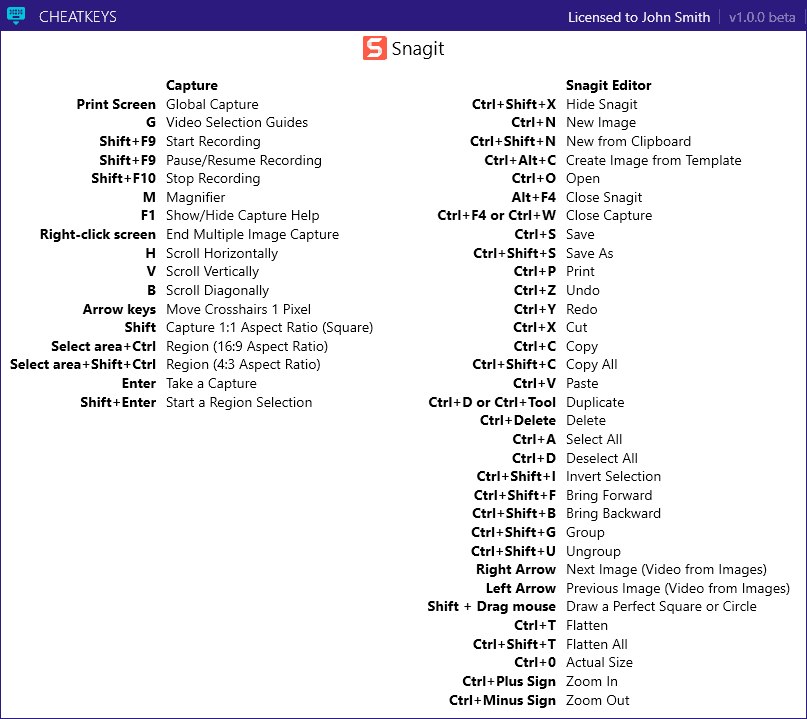 Cheat sheet for Snagit hotkeys and shortcuts - CheatKeys